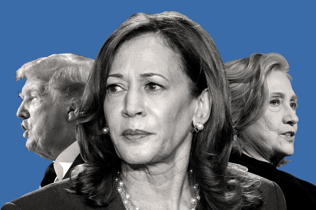 A collage of black-and-white photos on blue, Kamala Harris' face in front of small images of Donald Trump and Hillary Clinton