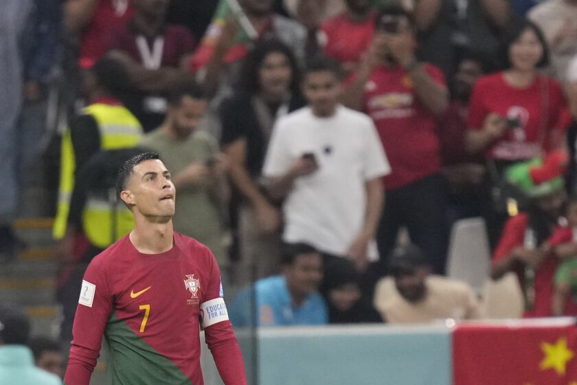 Portugal's Cristiano Ronaldo look on during the World Cup round of 16 soccer match between Portugal and Switzerland, at the Lusail Stadium in Lusail, Qatar, Tuesday, Dec. 6, 2022. (AP Photo/Darko Bandic)