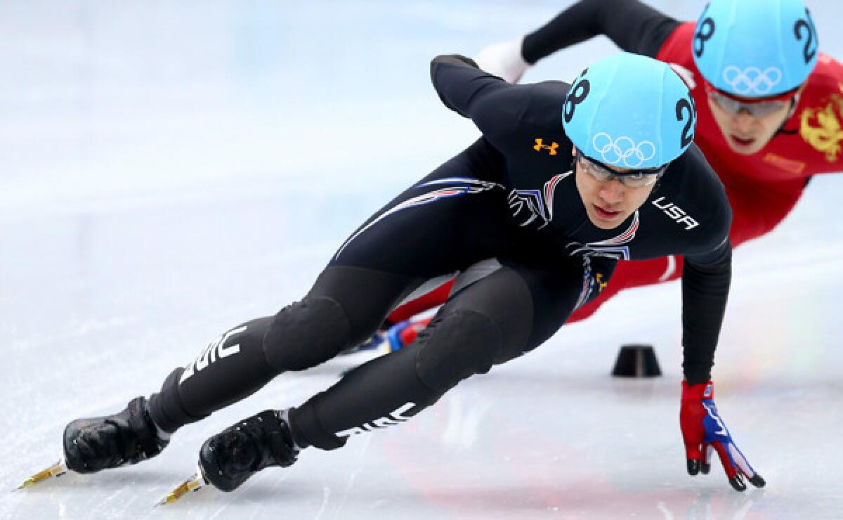 American J.R. Celski races ahead of China's Dequan Chen during a short-track speedskating 1,500-meter semifinal at the 2014 Winter Olympic Games on Monday. Celski missed his chance at a medal in the 1,500 after crashing out of the final.