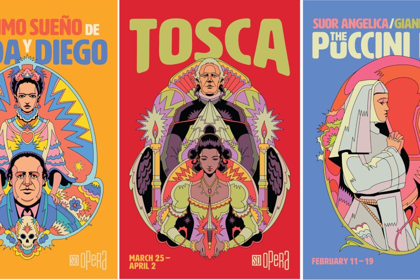 Marketing posters for some of San Diego Opera's productions this season, by artist Raúl Urias of Mexico.