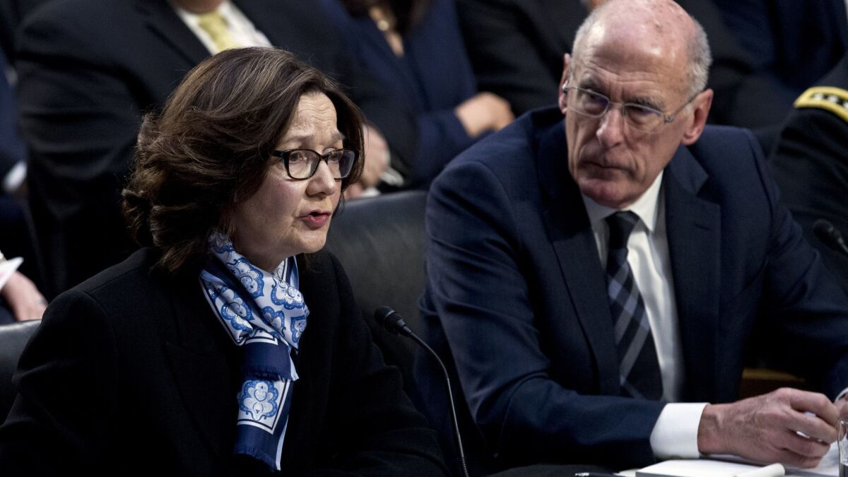 CIA Director Gina Haspel, with Director of National Intelligence Daniel Coats, testifies before the Senate Intelligence Committee in Washington on Jan. 29.