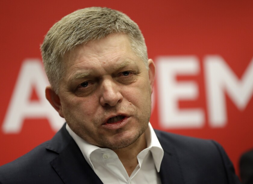 FILE - Leader of the Smer-Social Democracy party Robert Fico addresses the media during a press conference a day after the Slovakia's general election in Bratislava, Sunday, March 1, 2020. Former Slovak Prime Minister Robert Fico was detained by police in Bratislava on Thursday Dec. 16, 2021, for organizing an anti-government rally that had been banned due to lockdown rules. (AP Photo/Petr David Josek, File)