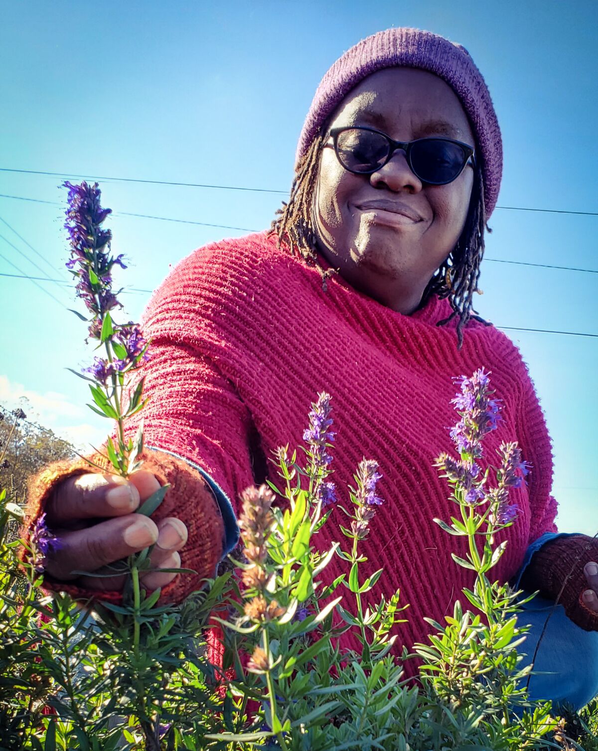 Venice Williams holds a sprig of hyssop in Alice's Garden in Milwaukee.