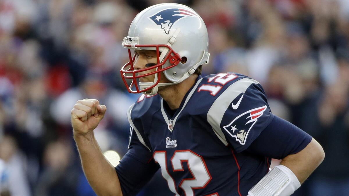New England Patriots quarterback Tom Brady celebrates after throwing a touchdown pass against the Detroit Lions last week.