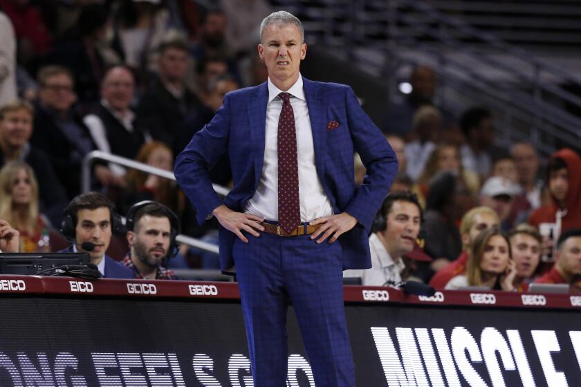 LOS ANGELES, CALIF. -- THURSDAY, JANUARY 30, 2020: USC Trojans head coach Andy Enfield in the first half against the Utah Utes at the Galen Center in Los Angeles, Calif., on Jan. 30, 2020. (Gary Coronado / Los Angeles Times)