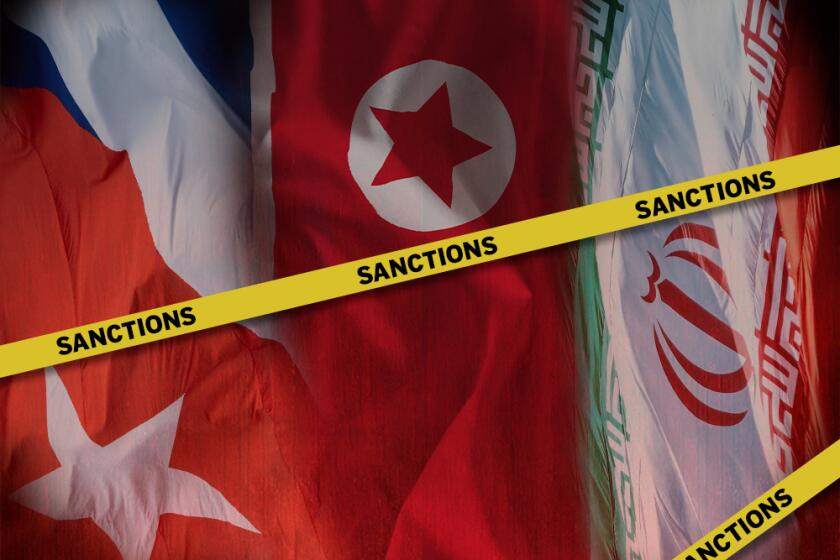 Flags of Cuba, North Korea and Iran with caution-tape inspired strips of yellow tape saying "sanctions." 