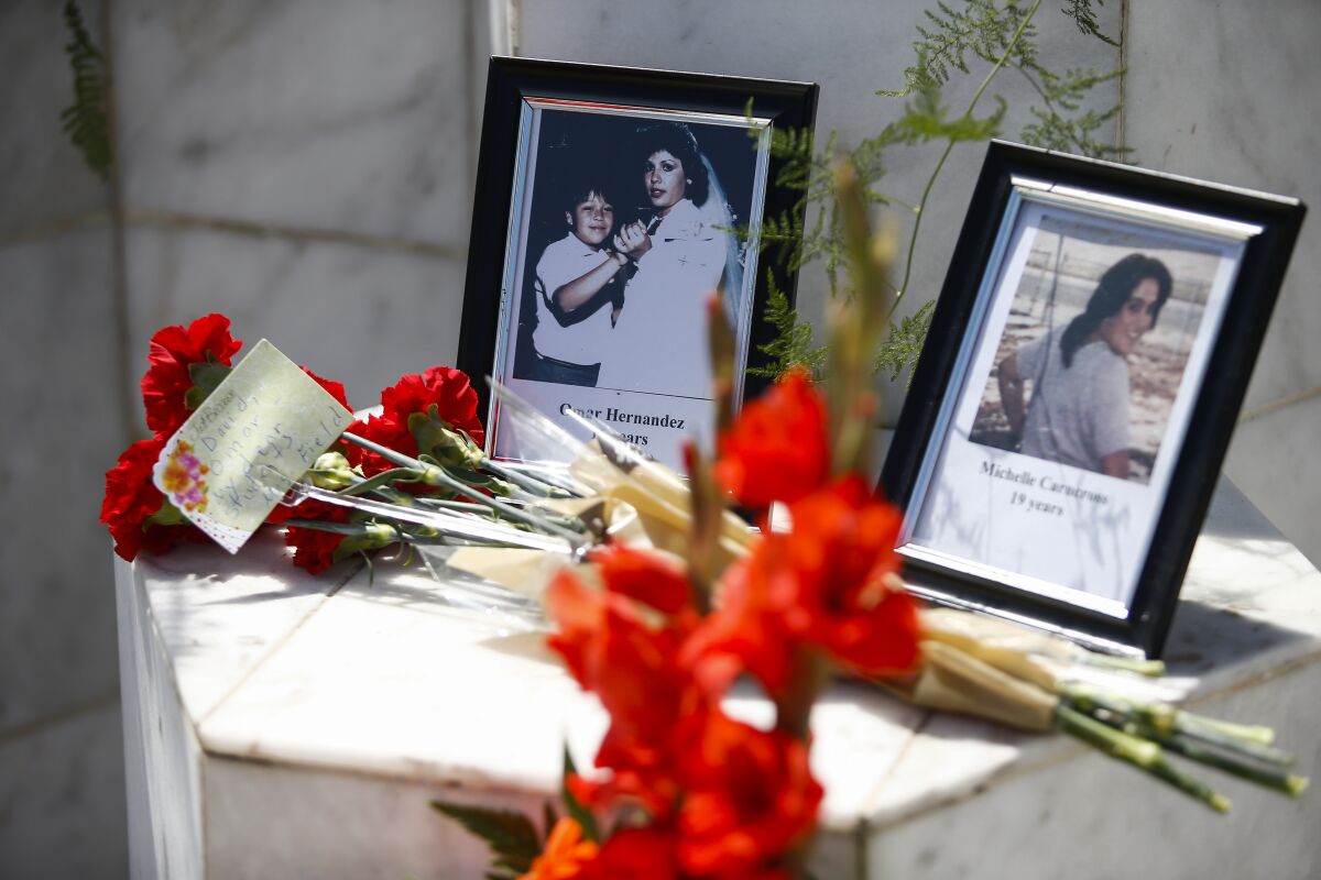 On the 35th anniversary of the San Ysidro McDonald's Massacre, the Southwestern College Higher Education Center in San Ysidro held a memorial event. Near a photo of Omar Hernandez, who was 11 years old when he and friend David Flores were slain in front of the McDonald's, lies flowers from their fourth grade teacher, Mrs. Field.
