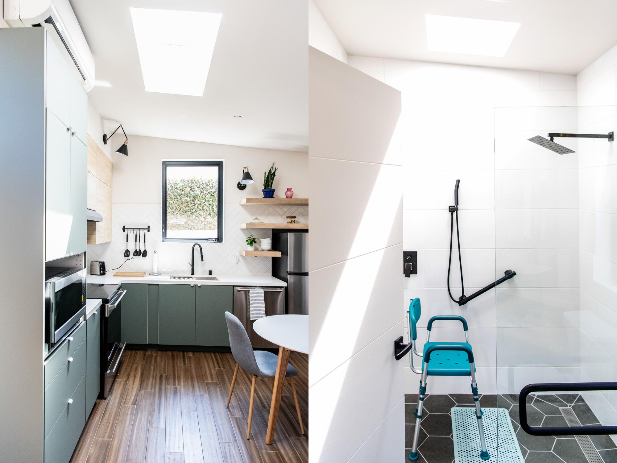 Two images side by side of a kitchen and a shower