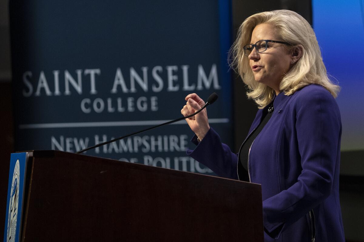 Rep. Liz Cheney, R-Wyo., speaks during the Nackey S. Loeb School of Communications' 18th First Amendment Awards at the NH Institute of Politics at Saint Anselm College, Tuesday, Nov. 9, 2021, in Manchester, N.H. (AP Photo/Mary Schwalm)