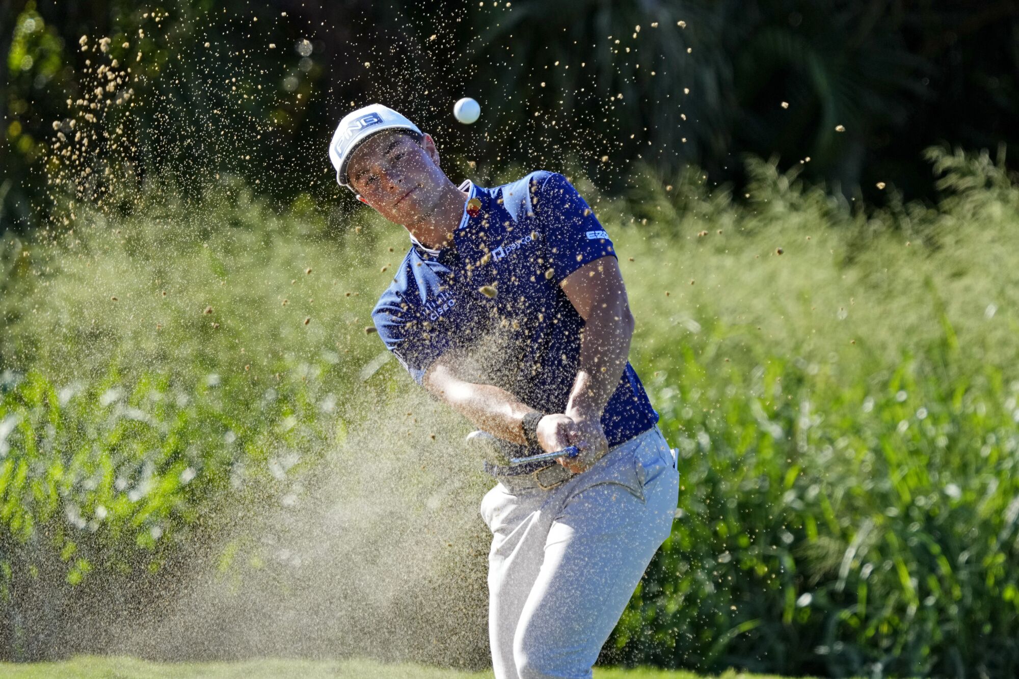 Norway's Viktor Hovland plays a shot from a bunker during the Tournament of Champions on Jan. 5 in Kapalua, Hawaii.
