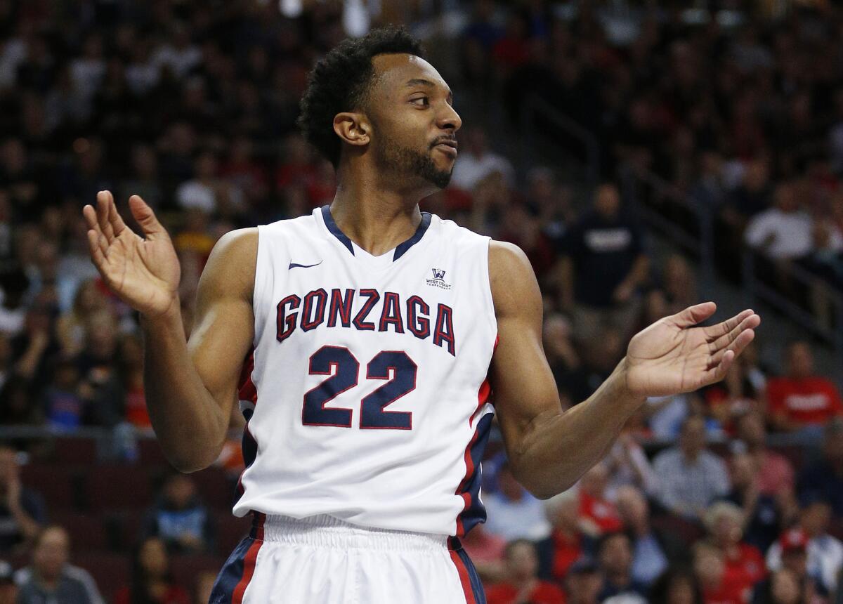 Gonzaga guard Byron Wesley reacts after being fouled by Pepperdine during the first half of the Bulldogs' 79-61 win in the West Coast Conference tournament semifinals.