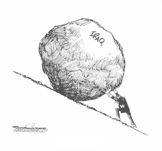 Conrad's editorial cartoon of President Bush as the Greek mythological character Sisyphus.