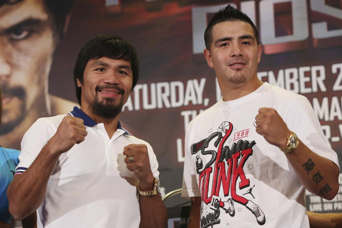 Does Brandon Rios, right, have a legitimate chance at defeating Manny Pacquaio, left, when the two meet in the ring next month in Macao?