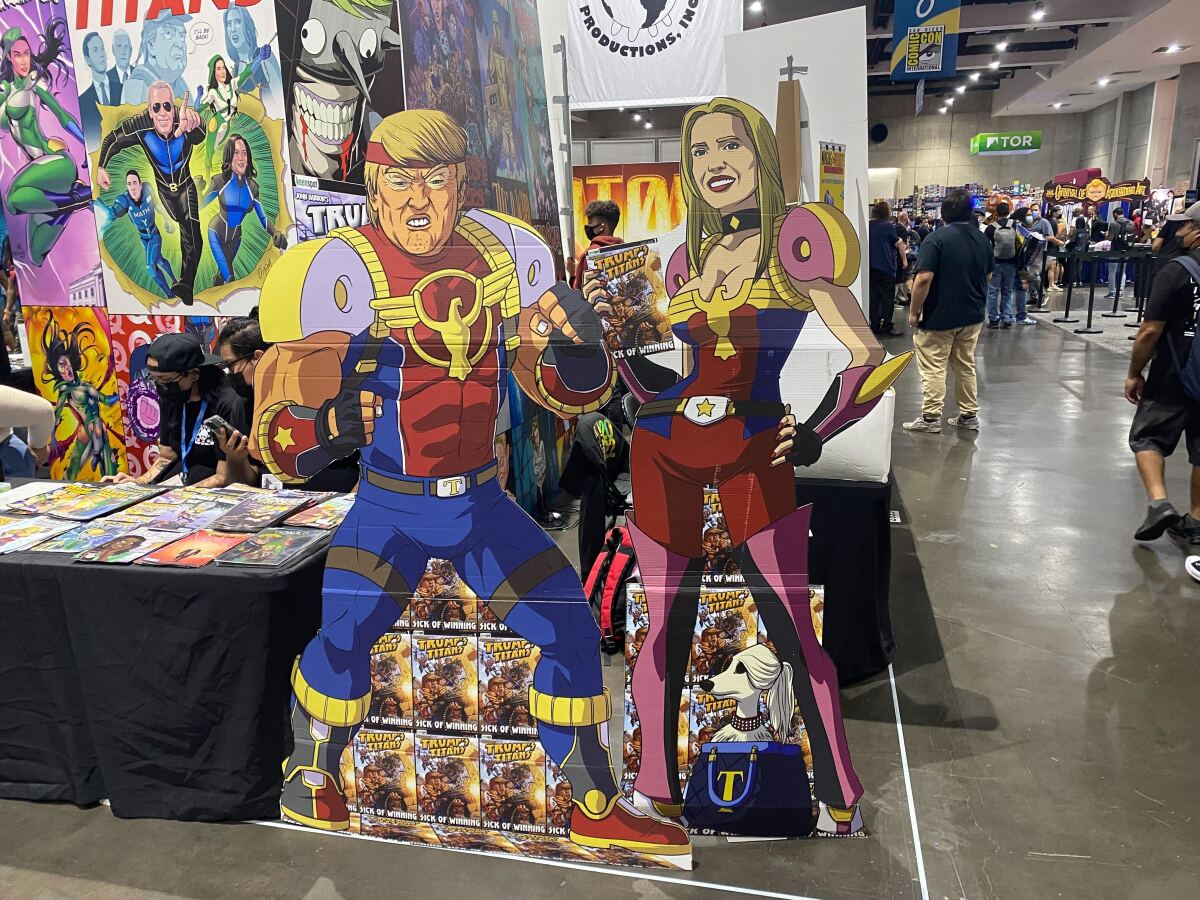 A display for the "Trump's Titans" comic book series at the keenspot booth in the exhibit hall at Comic-Con on July 21, 2022.