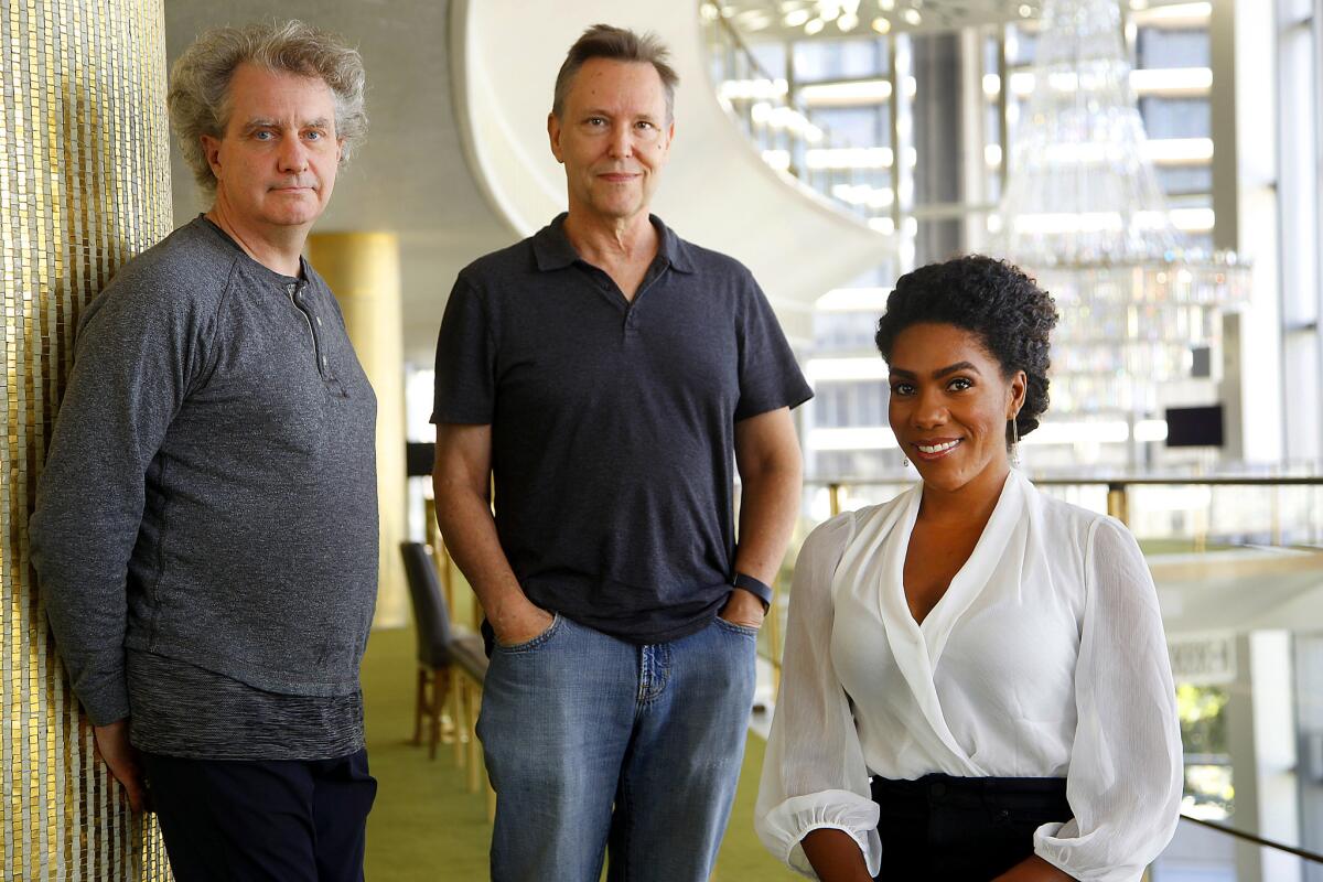 “Satyagraha” director Phelim McDermott, left, L.A. Opera resident conductor Grant Gershon and mezzo-soprano J'Nai Bridges.