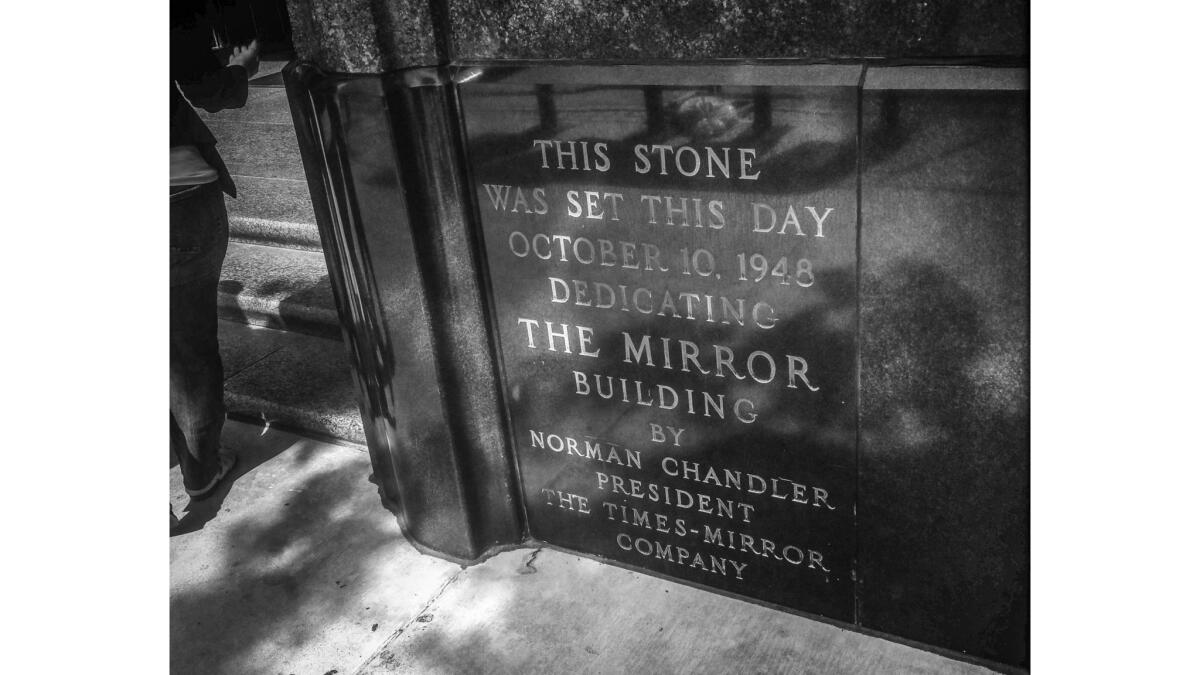 April 26, 2017: Cornerstone of The Mirror Building dedicated on Oct. 10, 1948.