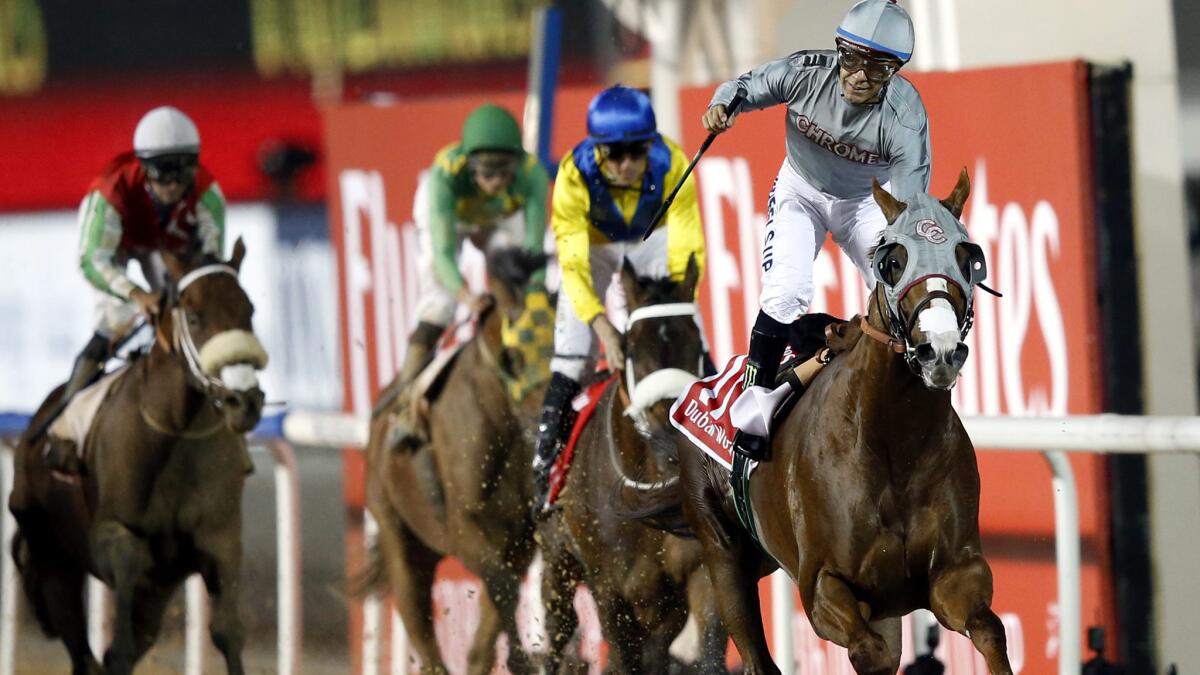 Jockey Victor Espinoza celebrates aboard California Chrome after winning the Dubai World Cup on Saturday.