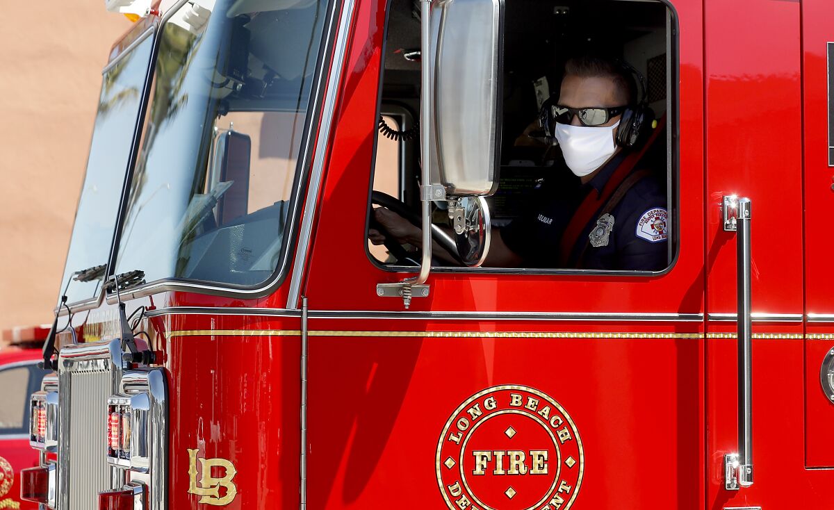Firefighters from Long Beach Fire Station 11 respond to a call on April 15.