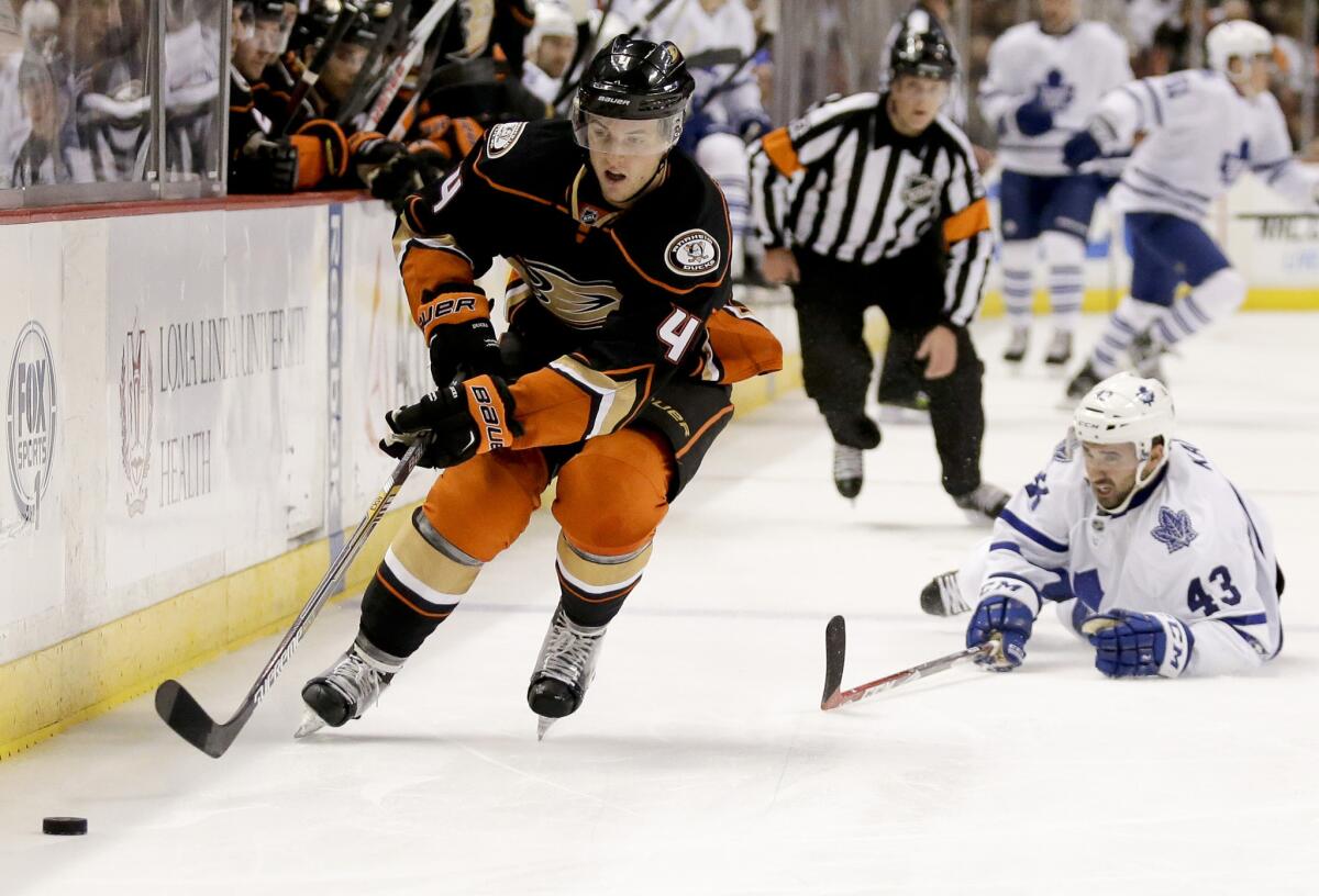 Ducks defenseman Cam Fowler brings the puck down the ice during a game against the Toronto Maple Leafs on Jan. 14.