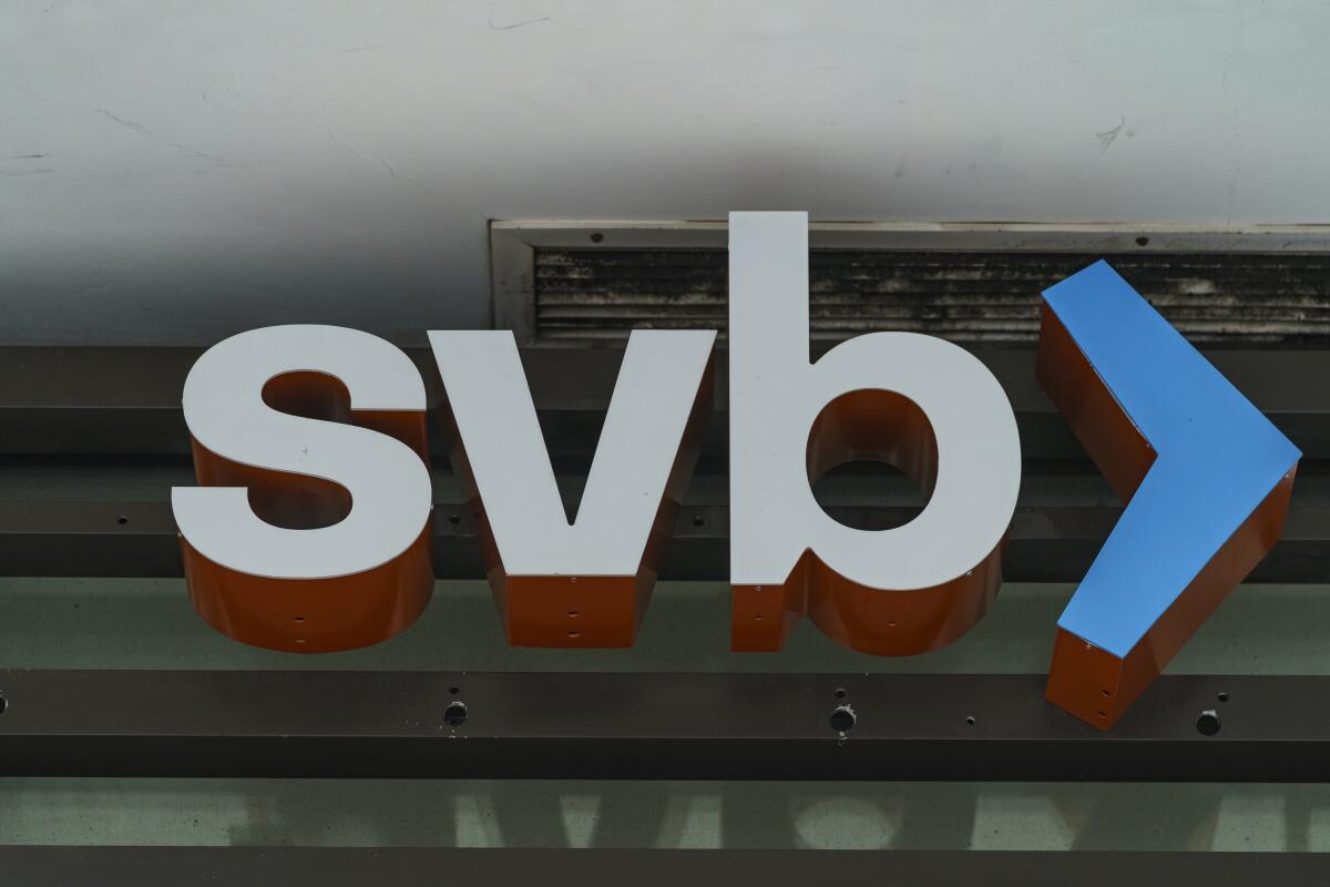 The Silicon Valley Bank logo is seen at a branch in Pasadena.