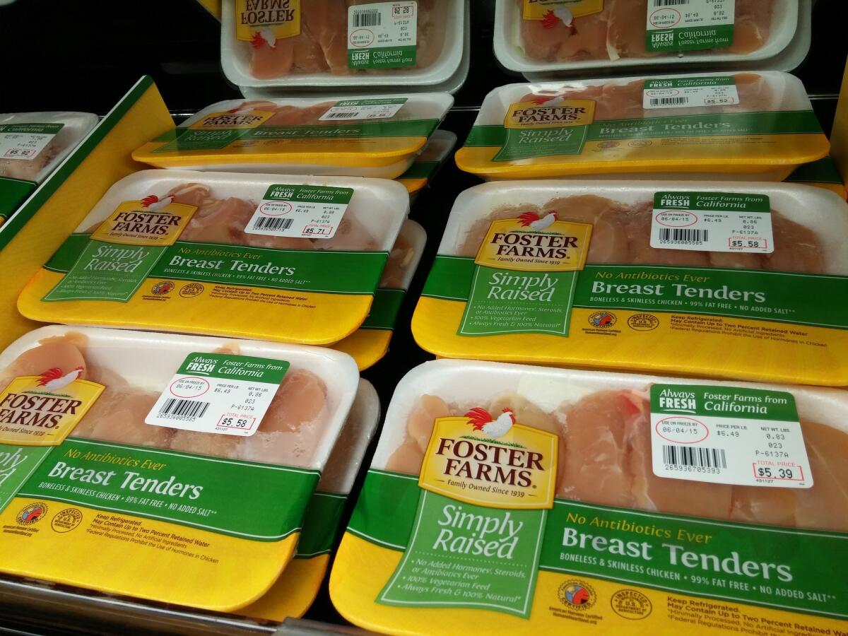 Foster Farms announced Monday it will eliminate the use of antibiotics that are important to human medicine, in an effort to combat the rise of so-called superbugs that are resistant to treatment. The California-based poultry company recently introduced two antibiotic-free product lines, including "Simply Raised," pictured here.