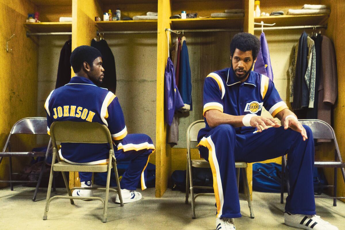 Actors playing Magic Johnson, left,   and Kareem Abdul-Jabbar in a TV show.