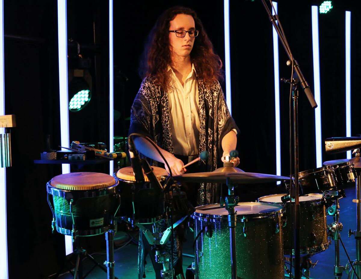 Jaxson Cunningham, percussionist for the Huntington Beach Academy for the Performing Arts, during a dress rehearsal on