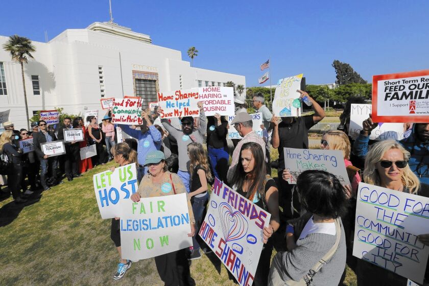 Airbnb supporters rally in Santa Monica on May 12 before the City Council's vote to crack down on short-term rentals.