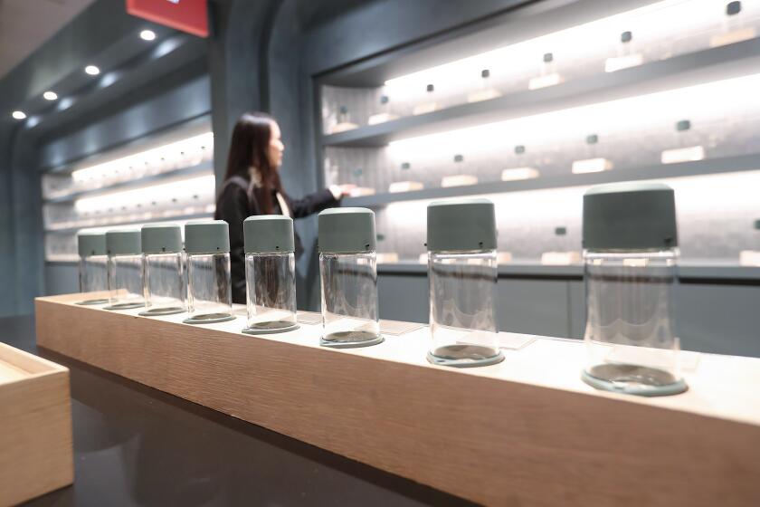 Rachel Xin looks at rows of empty containers of no product at her High Seas Cannabis Boutique in Costa Mesa, which was ready to open to the public in September but has been held up by the City.