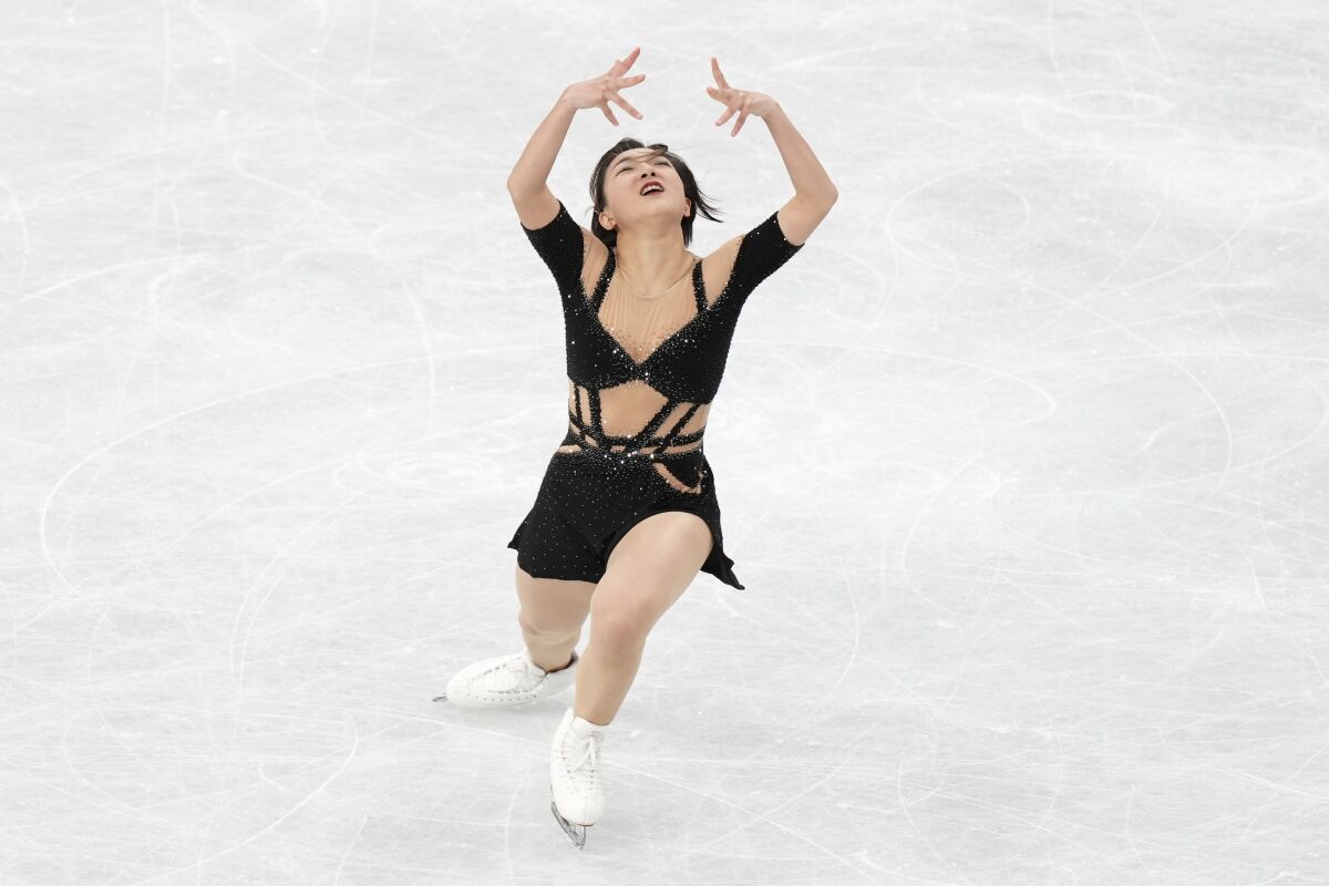 Kaori Sakamoto of Japan performs during the women's short program in the World Figure Skating Championships in Saitama, north of Tokyo, Wednesday, March 22, 2023. (AP Photo/Hiro Komae)