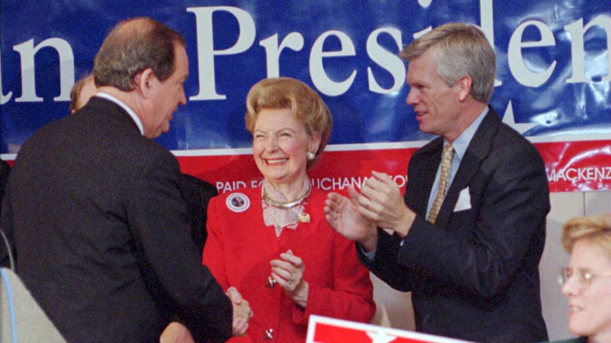Phyllis Schlafly campaigned on behalf of numerous Republican presidential candidates in recent decades, leading up to Donald Trump just earlier this year. Above, Schlafly announces her endorsement of then-presidential hopeful Pat Buchanan in Columbia, S.C. in 1996.