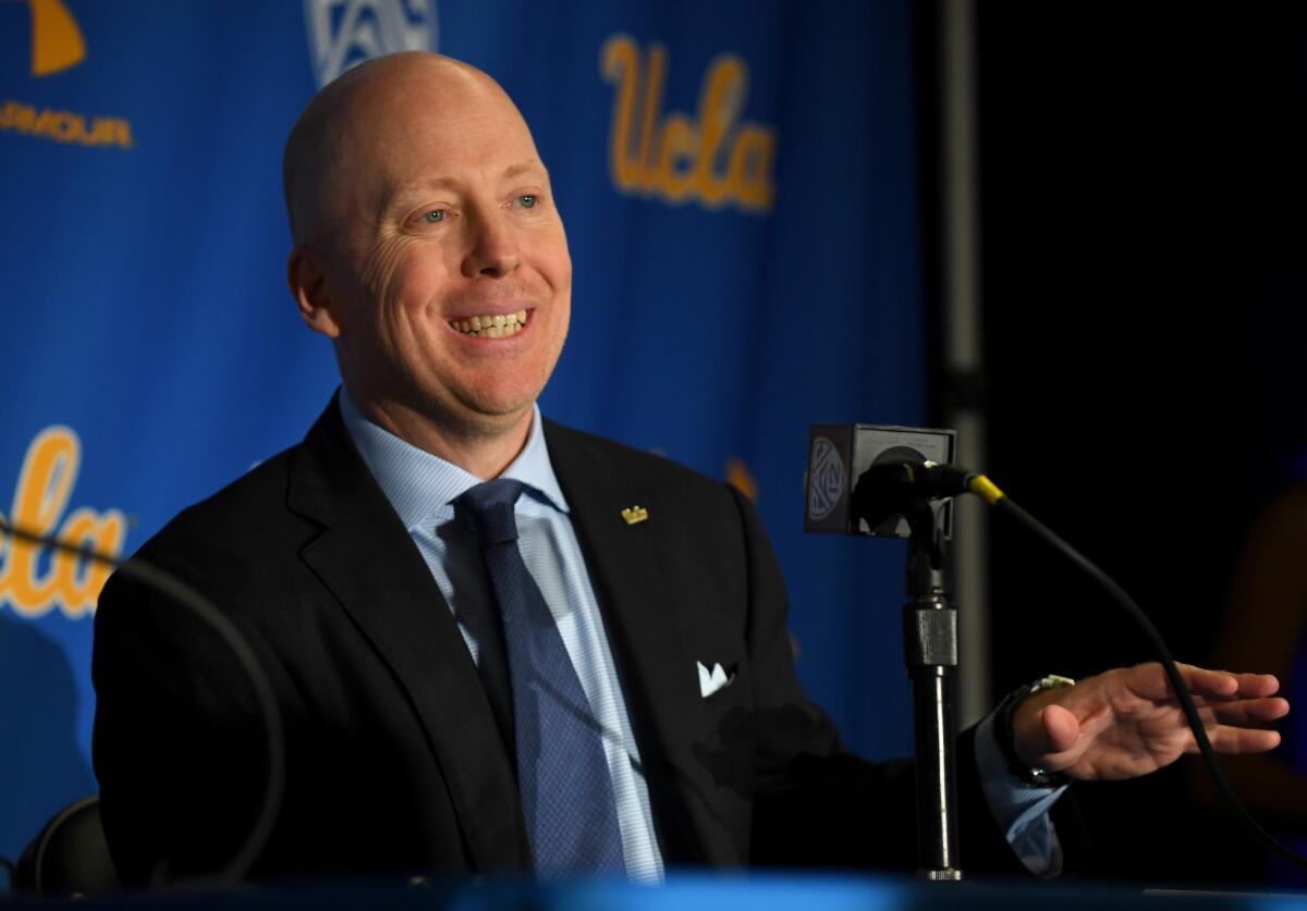 UCLA coach Mick Cronin speaks to reporters during his introductory news conference on April 10.