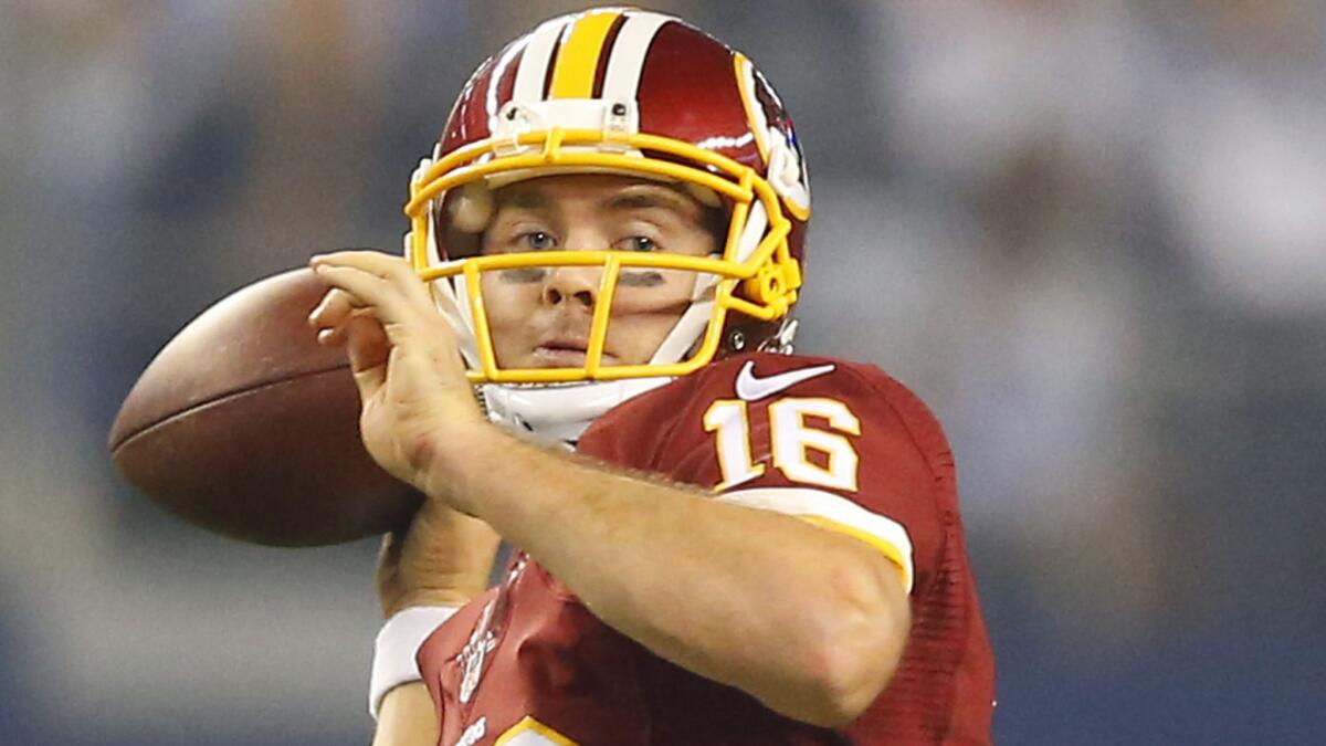 Washington Redskins quarterback Colt McCoy passes during the first half of a 20-17 overtime win over the Dallas Cowboys on Monday night.
