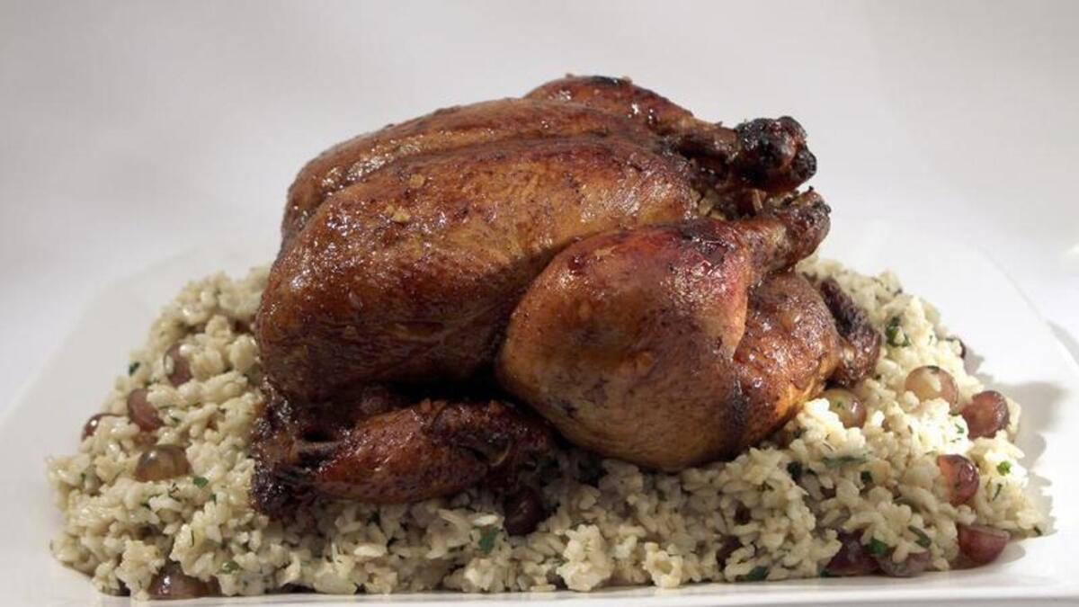 A Rosh Hashana main dish could be chicken marinated with pomegranate molasses, honey and spices and stuffed with brown rice. Recipe
