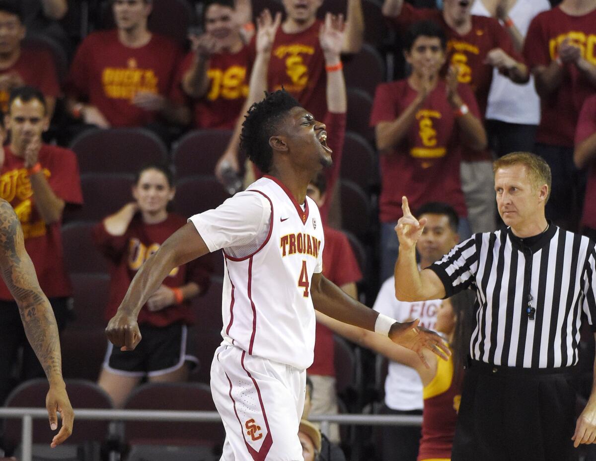 USC forward Chimezie Metu, shown during a game last season, had 15 points and 11 rebounds in a win Sunday.