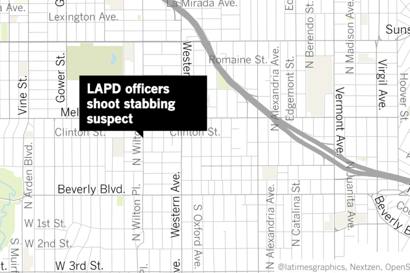 Los Angeles police officers shot and wounded a woman after they allegedly found her stabbing another person to death.