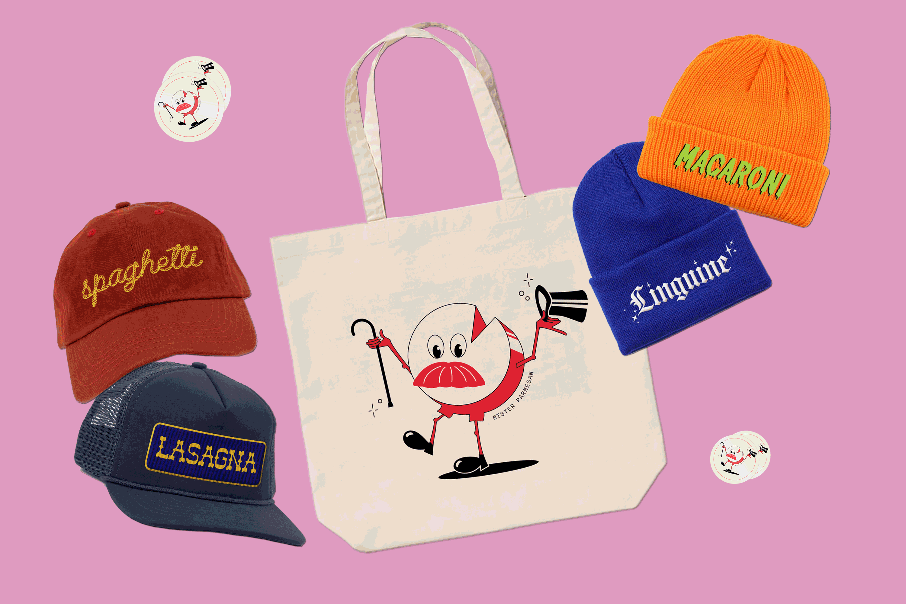A gif of hats and beanies bearing words such as "spaghetti" and "macaroni."