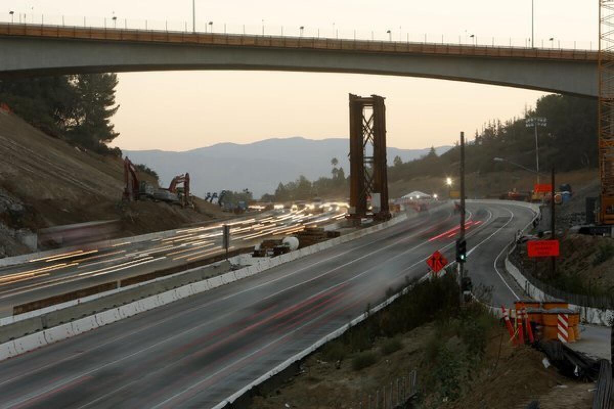 Commuters make their way along the 405 Freeway in the Sepulveda Pass.