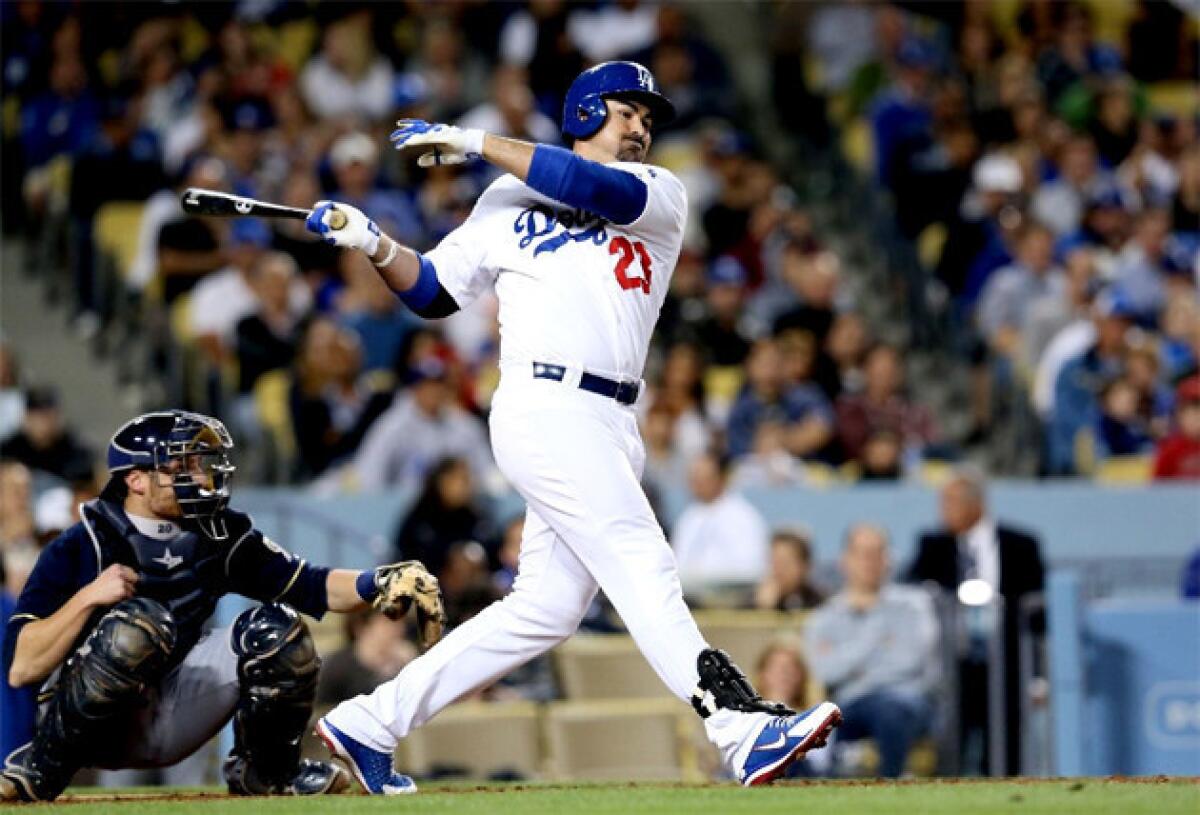 Dodgers first baseman Adrian Gonzalez hits an RBI double in the fifth inning against the Milwaukee Brewers.
