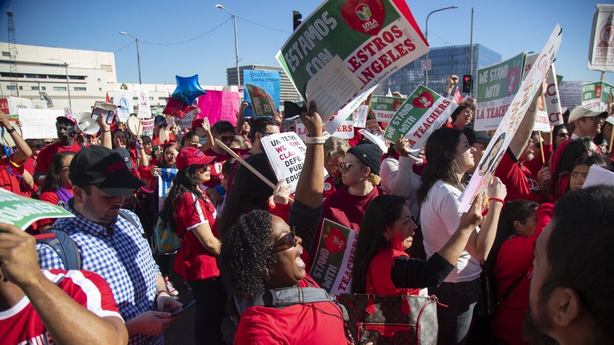 Thousands of protesters rally during the March for Public Education, organized by United Teachers Los Angeles, in downtown Los Angeles last month.