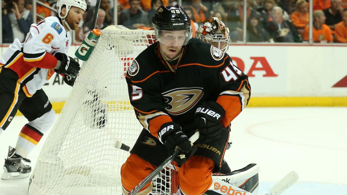 Ducks defenseman Sami Vatanen controls the puck during a 3-0 victory over the Calgary Flames in Game 2 of the Western Conference semifinals at Honda Center on Sunday.