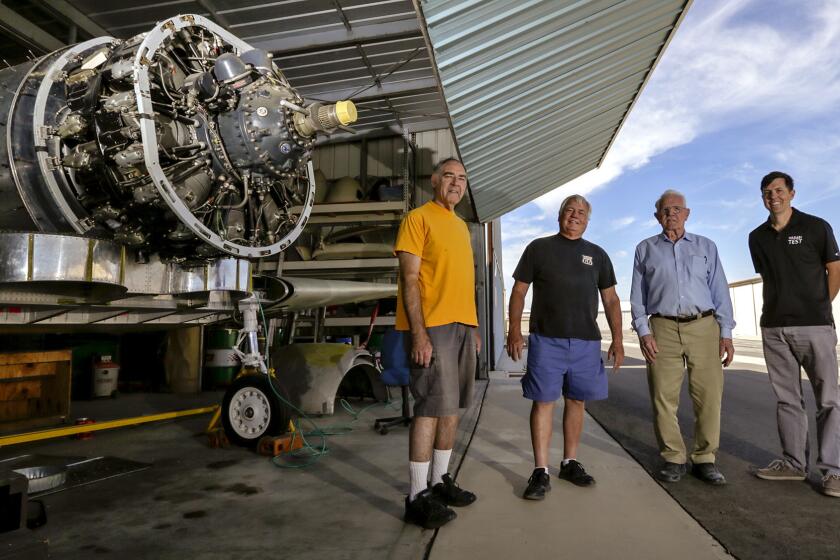 MOJAVE CA SEPTEMBER 30, 2017 --- Dennis Wittman, left, Bill Statler Jr., Ralph Wise and Justin Gillen have all built their own planes. (Irfan Khan / Los Angeles Times)