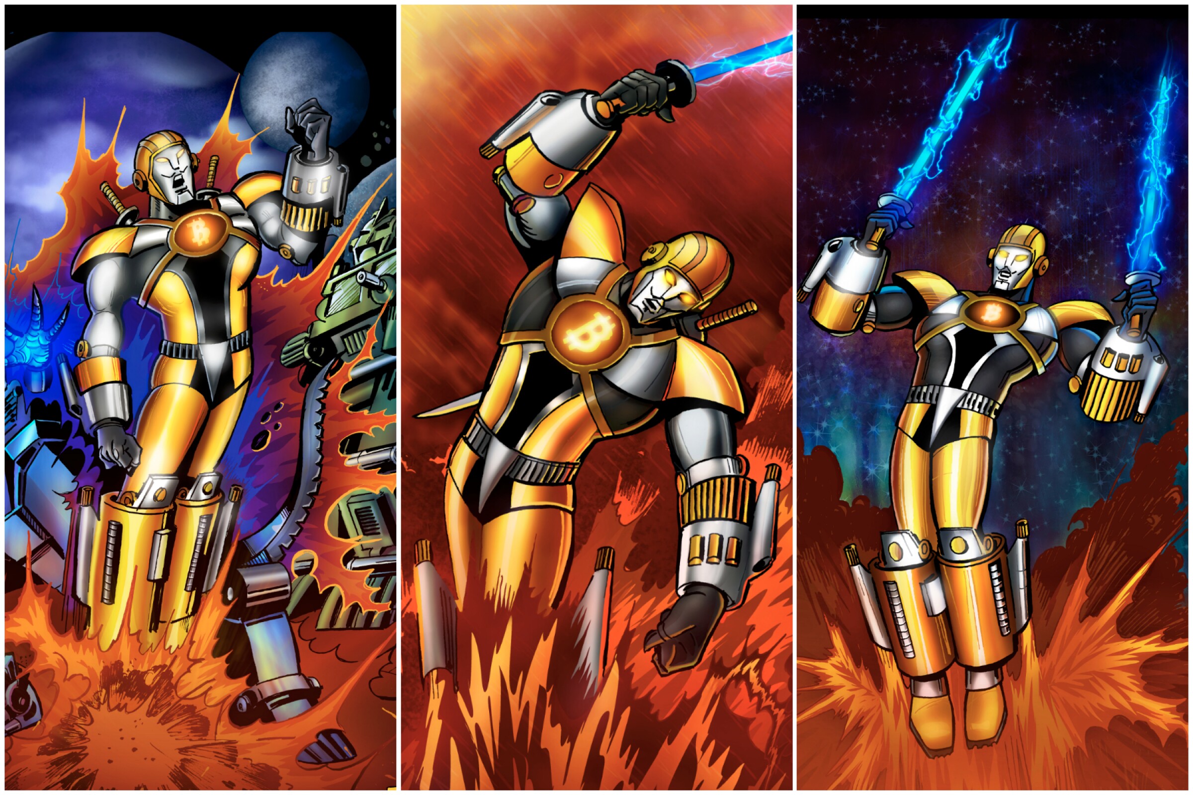 A sample of three images from the NFT pack collection titled “Satoshi The Creator – Genesis” by comic book artist José Delbo