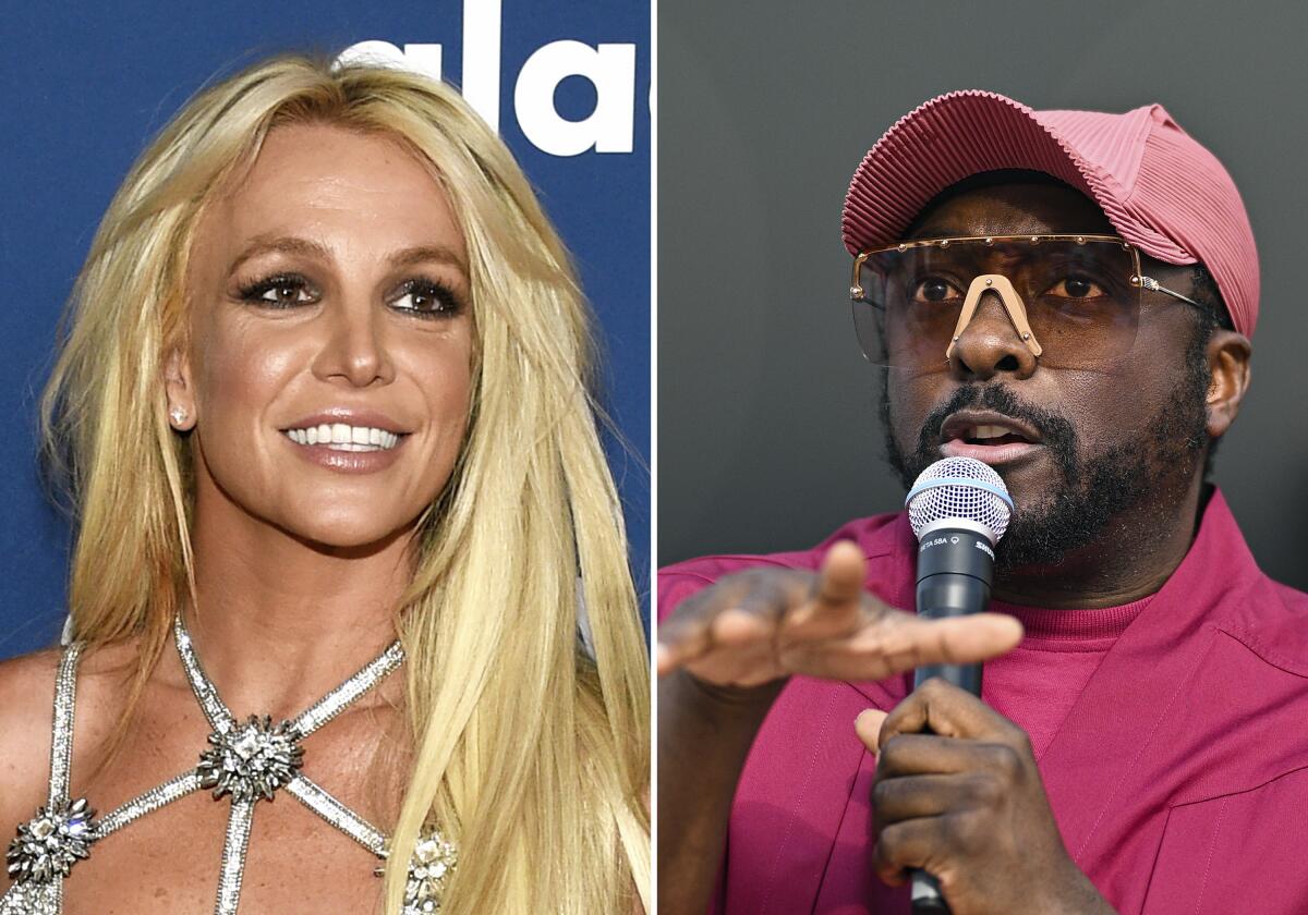 Britney Spears smiles with long blond hair and will.i.am holds a microphone 