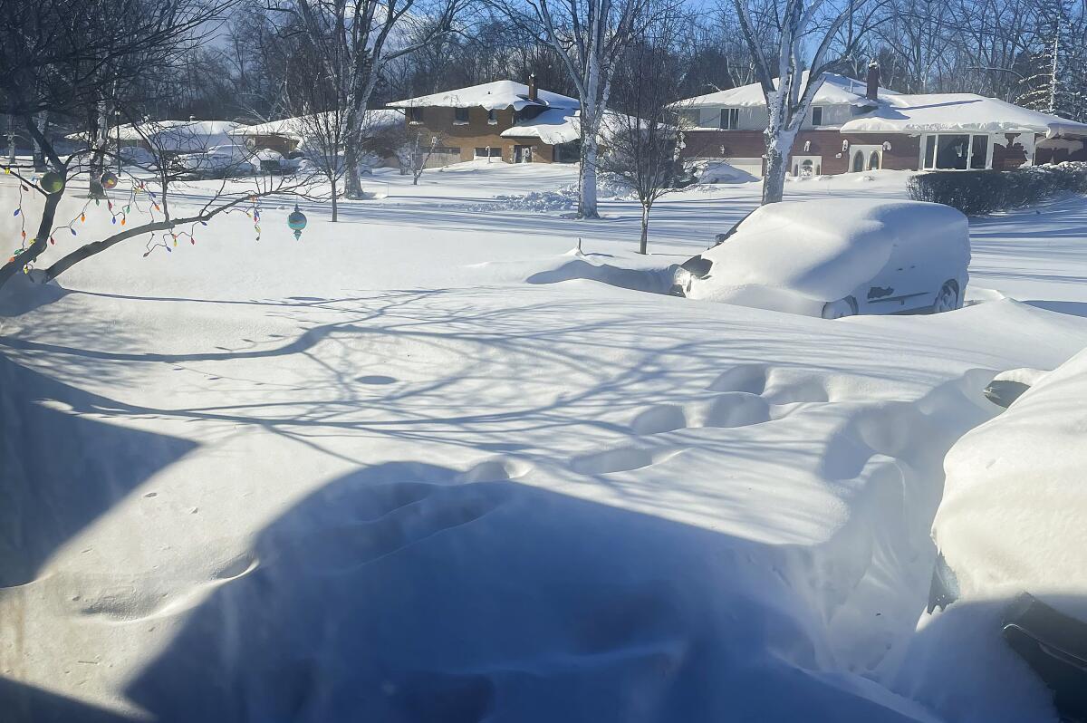 A car sits blanketed in snow on a driveway.