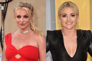 Left, Britney Spears wears a red dress; right, Jamie Lynn Spears poses for photos while wearing a black dress