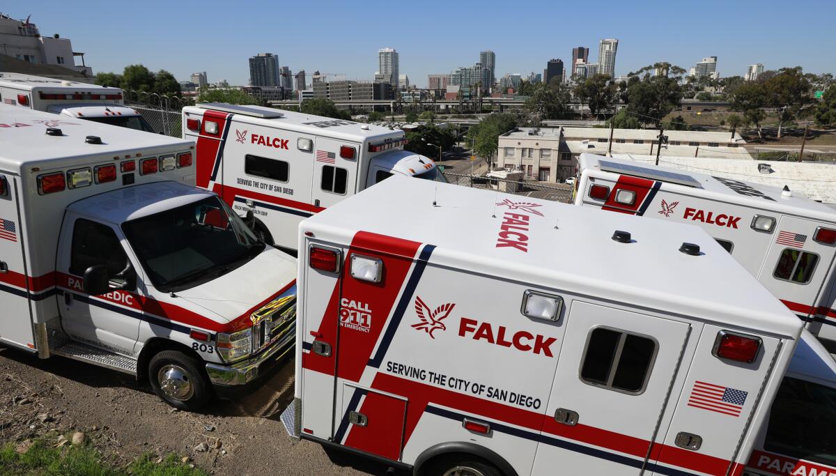 Rows of parked Falck ambulances are seen from above.