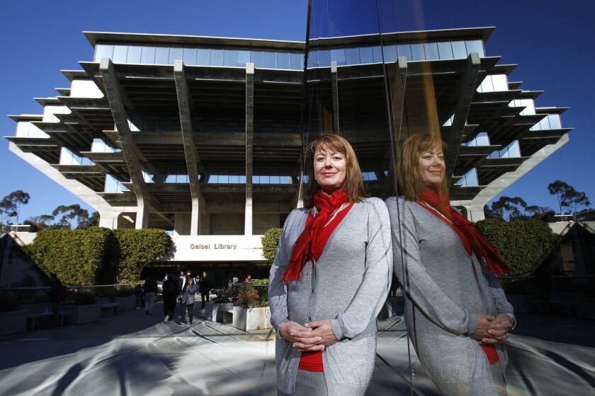 Cristina Della Coletta, dean of the Division of Arts and Humanities at UC San Diego, in front of the university’s Geisel Library.