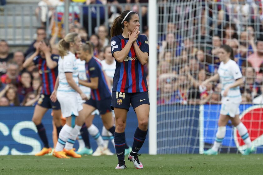 FILE - Barcelona's Aitana Bonmati reacts during the Women's Champions League semifinal, second leg, soccer match between FC Barcelona and Chelsea FC at the Camp Nou stadium in Barcelona, Spain, Thursday, April 27, 2023. Bonmati lead her team to a fourth Women's Champions League final in five years when the Spanish club plays Wolfsburg in Eindhoven on Saturday. (AP Photo/Joan Monfort, File)