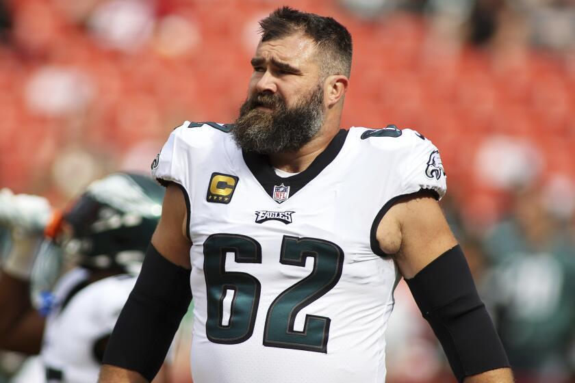 FILE - Philadelphia Eagles center Jason Kelce (62) is pictured before an NFL football game against the Washington Commanders, Sunday, Oct. 29, 2023 in Landover, Md. Jason Kelce is officially a member of ESPN’s “Monday Night Countdown” team. ESPN announced Kelce had signed a multi-year agreement on Tuesday, May 14, 2024 during a presentation to advertisers in New York. (AP Photo/Daniel Kucin Jr., File)